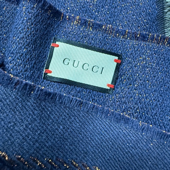 Gucci GG Metallic Wool Silk Scarf Navy Bronze 40x180 NWT - Picture 10 of 10
